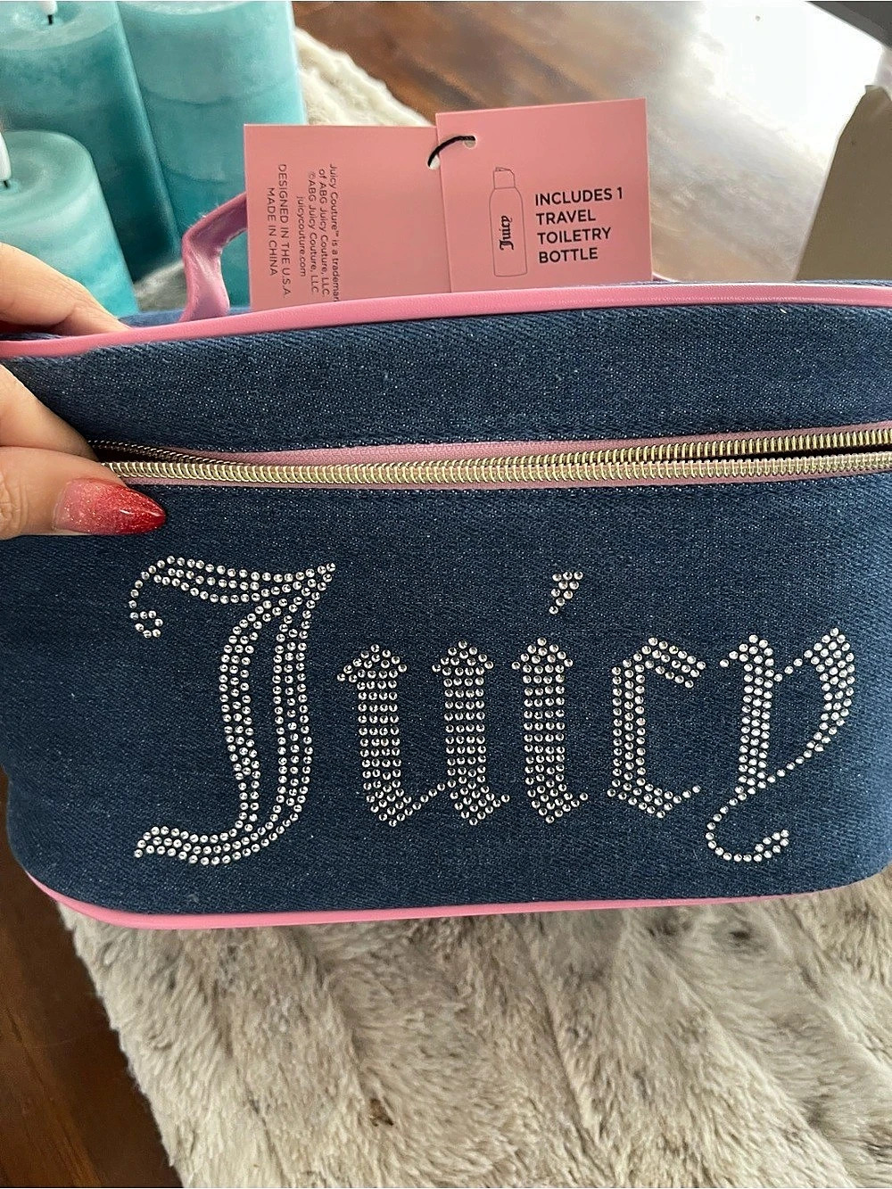 Juicy Couture Denim Rhinestone Makeup Travel Train Case NWT